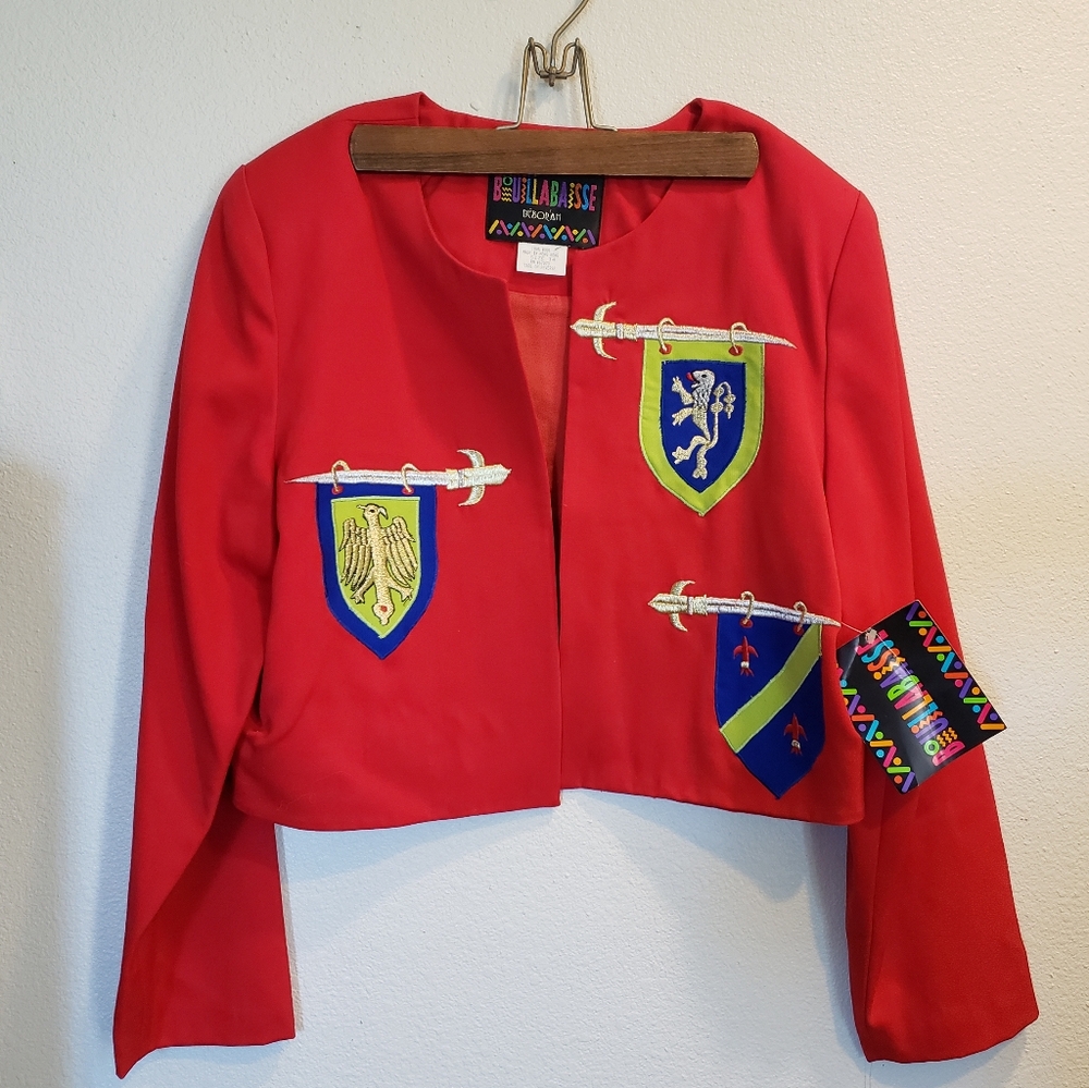 Vintage New With Tags Red And Gold Embroidered Wool Blazer Jacket Womens Size 14